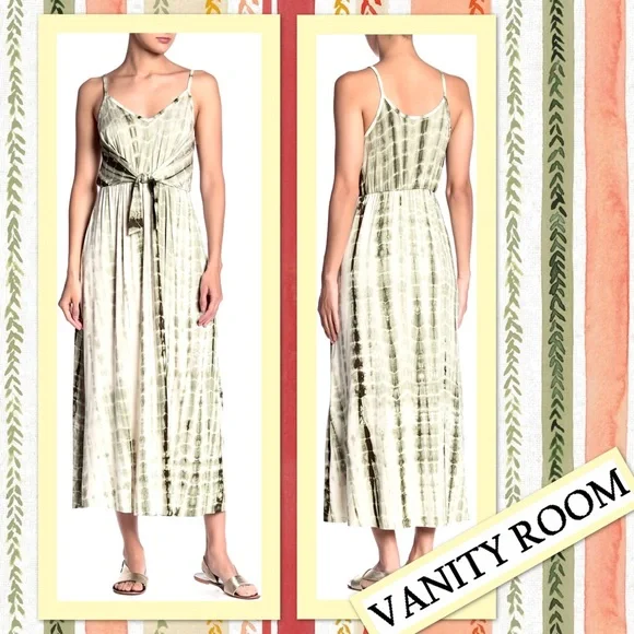 olive green tie dye dress Olive Green Tie Dye Printed Shoulder Straps Long Bobbin Gown Dress main image 0